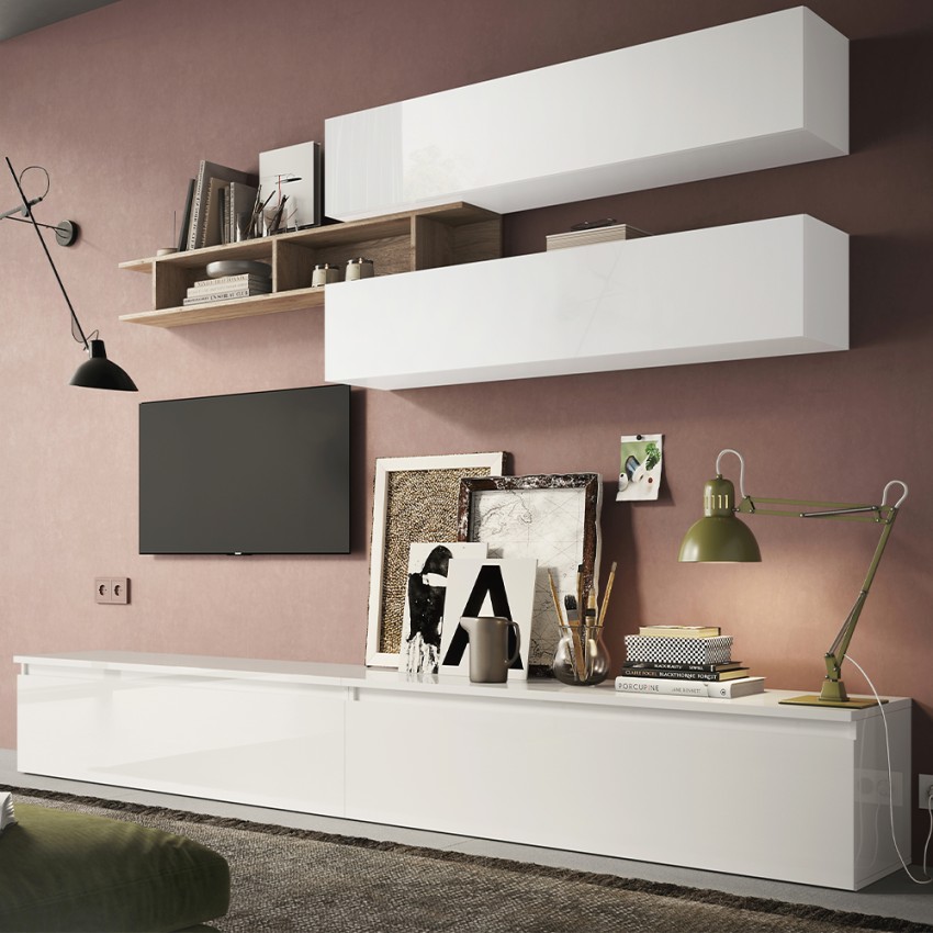 Mur TV et étagère murale moderne blanche Infinity 21 pour salon Promotion Mur TV et étagère murale moderne blanche Infinity 21 pour salon Promotion