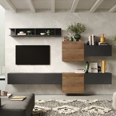 Mur TV suspendue moderne en bois blanc et gris Infinity 22 Promotion