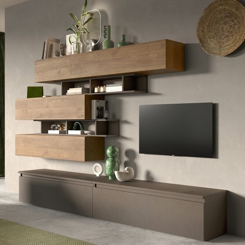 Ensemble mural séjour TV étagères bois meubles suspendus Infinity 26 Promotion
