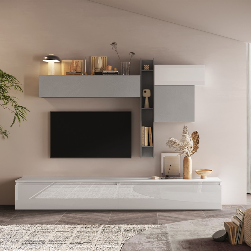 Meuble mural TV moderne blanc et gris avec meubles suspendus Infinity 29 Promotion Meuble mural TV moderne blanc et gris avec meubles suspendus Infinity 29 Promotion