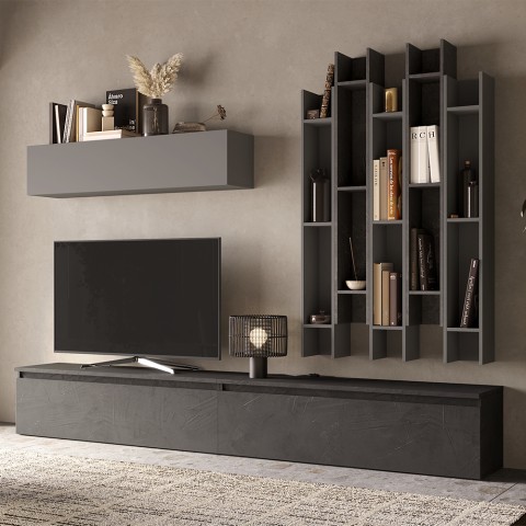 Mur avec étagère moderne gris et meuble TV noir Infinity 30 Promotion