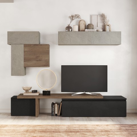 Ensemble mural moderne pour TV en bois noir avec meubles suspendus gris Infinity 34 Promotion