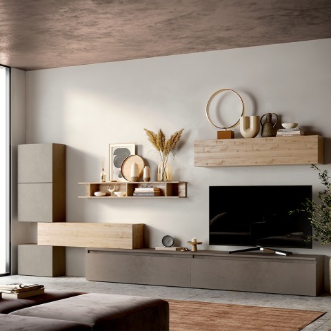 Ensemble mural séjour moderne meubles suspendus en bois Infinity 37 Promotion