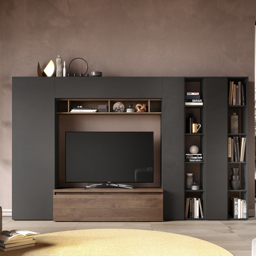 Mur TV contemporaine avec bibliothèque en bois Infinity 36 Promotion Mur TV contemporaine avec bibliothèque en bois Infinity 36 Promotion