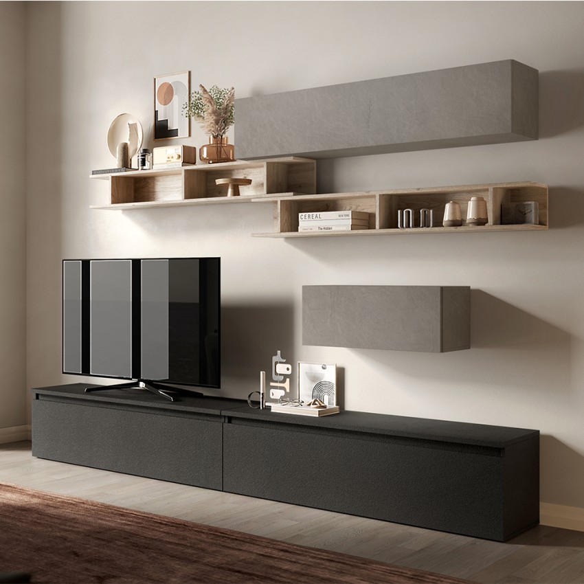 Ensemble mural TV pour salon moderne gris avec étagères en bois Infinity 39 Vente Ensemble mural TV pour salon moderne gris avec étagères en bois Infinity 39 Vente
