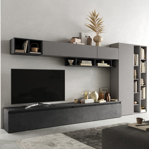 Murale TV bibliothèque moderne gris meubles suspendus Infinity 43 Promotion