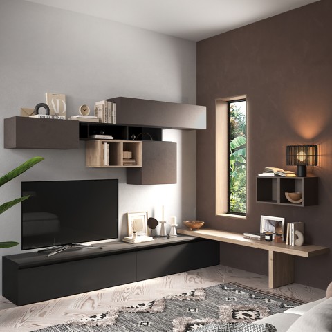 Ensemble mural salon meuble TV noir minimal bois Infinity 45 Promotion