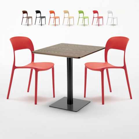 Table 70x70 effet bois + 2 chaises colorées Restaurant Melon Promotion