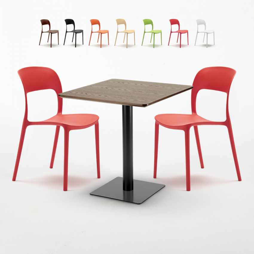 Table carrée 70x70 effet bois avec 2 chaises colorées Restaurant Melon