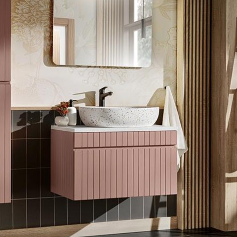 Meuble de salle de bain suspendu 80x46 lavabo d'appui rose et blanc Lili 80 Promotion