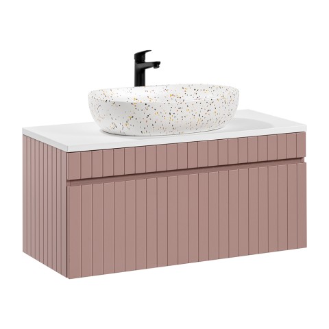 Meuble salle de bain suspendu avec lavabo rose et blanc Lili 100 Promotion