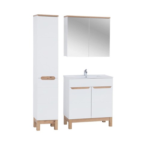 Meuble de salle de bain avec lavabo miroir armoire blanc et bois Bali Promotion