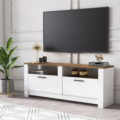 Meuble TV mobile blanc et bois style classique 2 portes Grado Promotion