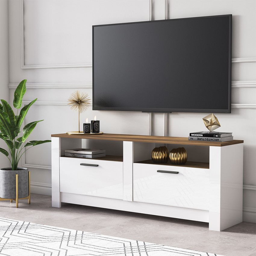 Meuble TV séjour blanc et bois style classique 2 portes Grado Promotion