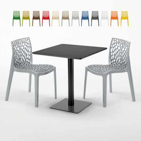 Table carrée noire 70x70 avec 2 chaises colorées Gruvyer Kiwi