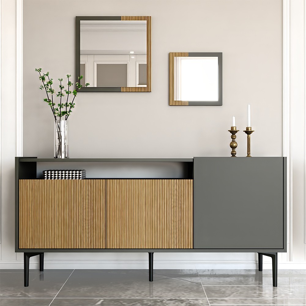 Bahut moderne de salon 150 cm noir avec portes en bois 2 miroirs Fleury