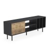 Meuble TV salon moderne 160 cm porte étagères blanc noir Kostan Réductions