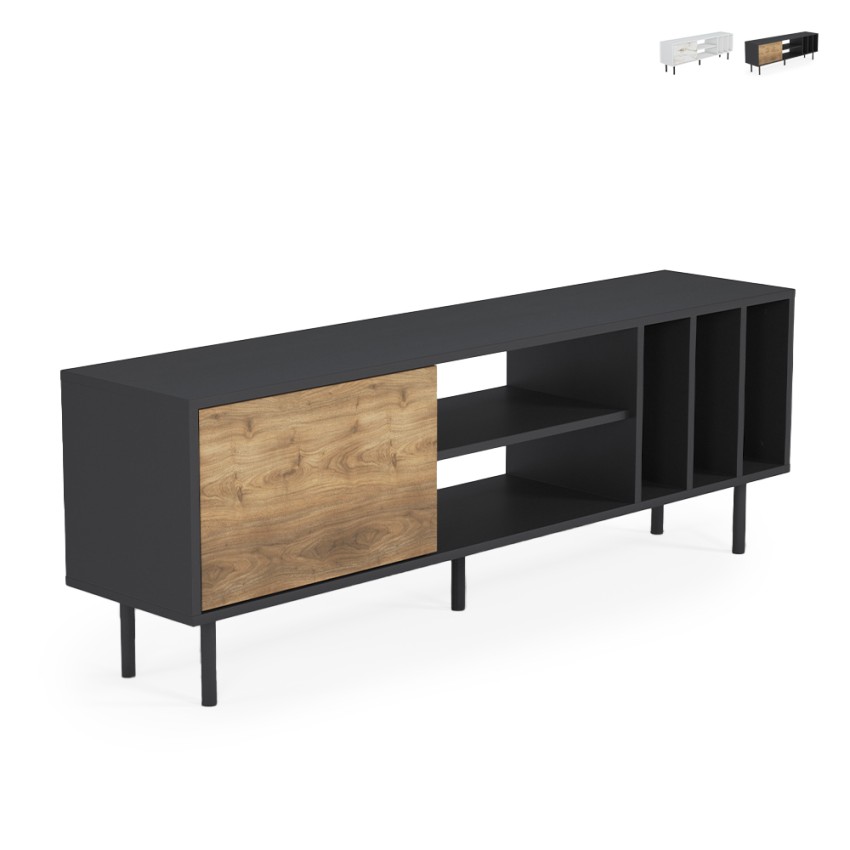 Meuble TV salon moderne 160 cm porte étagères blanc noir Kostan Promotion Meuble TV salon moderne 160 cm porte étagères blanc noir Kostan Promotion