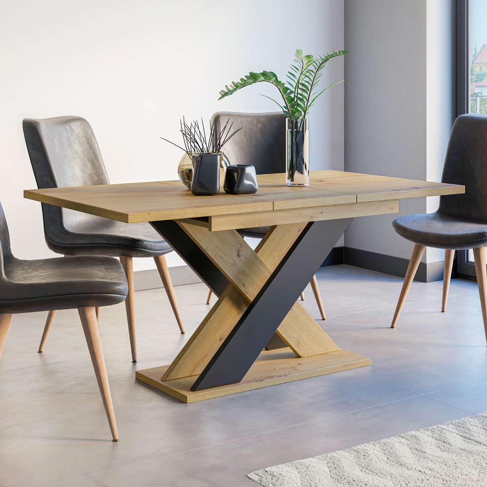 Table à manger moderne extensible 120-160x90cm en bois chêne noir Xao