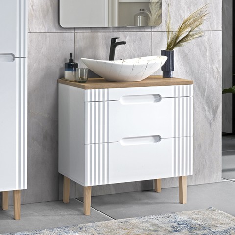 Meuble de salle de bain bois blanc lavabo sur pied effet marbre Fiji Promotion