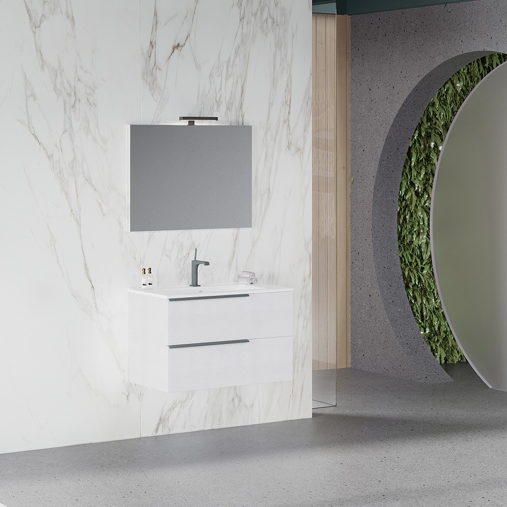 Meuble salle de bain suspendu blanc 80 cm lavabo miroir LED Oikos 80