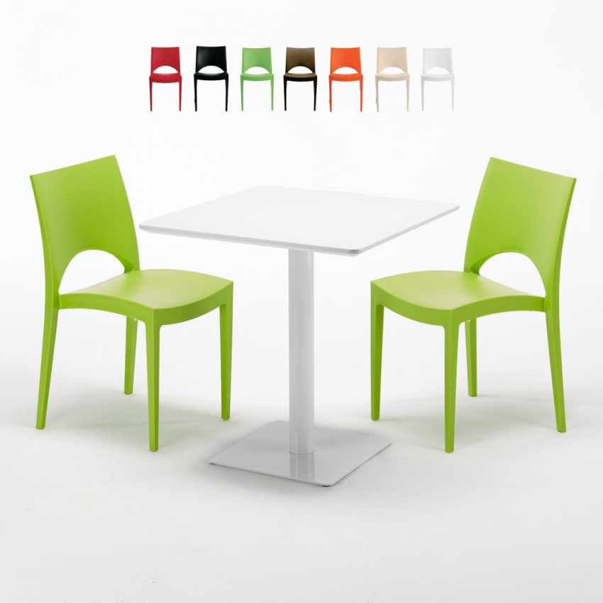 Table carrée 70x70 blanche avec 2 chaises colorées Paris Meringue