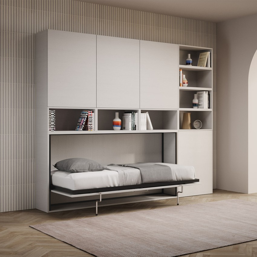 Lit escamotable blanc avec matelas simple horizontal gain de place Kando E Promotion Lit escamotable blanc avec matelas simple horizontal gain de place Kando E Promotion