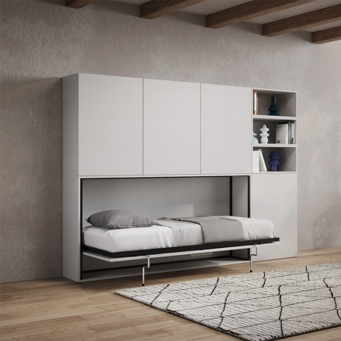 Lit escamotable simple horizontal avec bibliothèque blanc Kando F Promotion