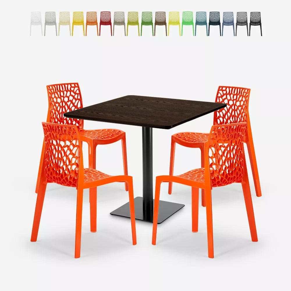 Ensemble Table Bois Métal Horeca 90x90cm 4 Chaises Design Empilables Dustin Restaurant Bar