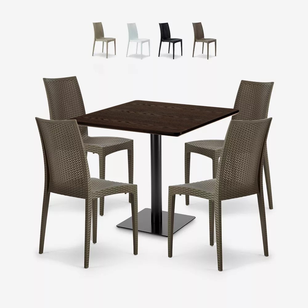 Ensemble Table Bois 90x90cm Horeca et 4 Chaises Empilables Poly RotinBar Restaurant Café Barrett