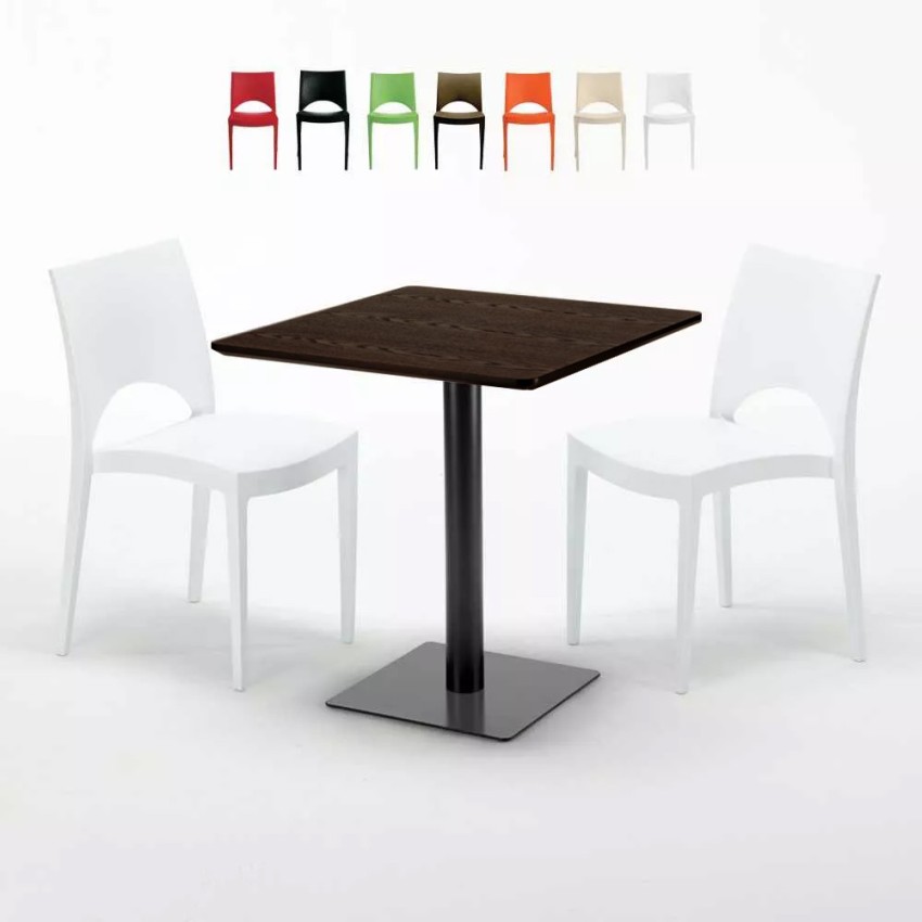 Table carrée 70x70 plateau effet bois avec 2 chaises colorées Paris Melon Réductions