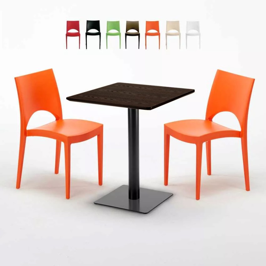 Table carrée 60x60 pied noir et plateau bois avec 2 chaises colorées Paris Kiss Promotion Table carrée 60x60 pied noir et plateau bois avec 2 chaises colorées Paris Kiss Promotion