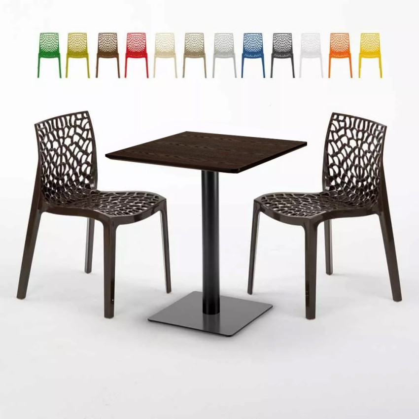 Table carrée 60x60 pied noir et surface bois avec 2 chaises colorées Gruvyer Kiss Caractéristiques
