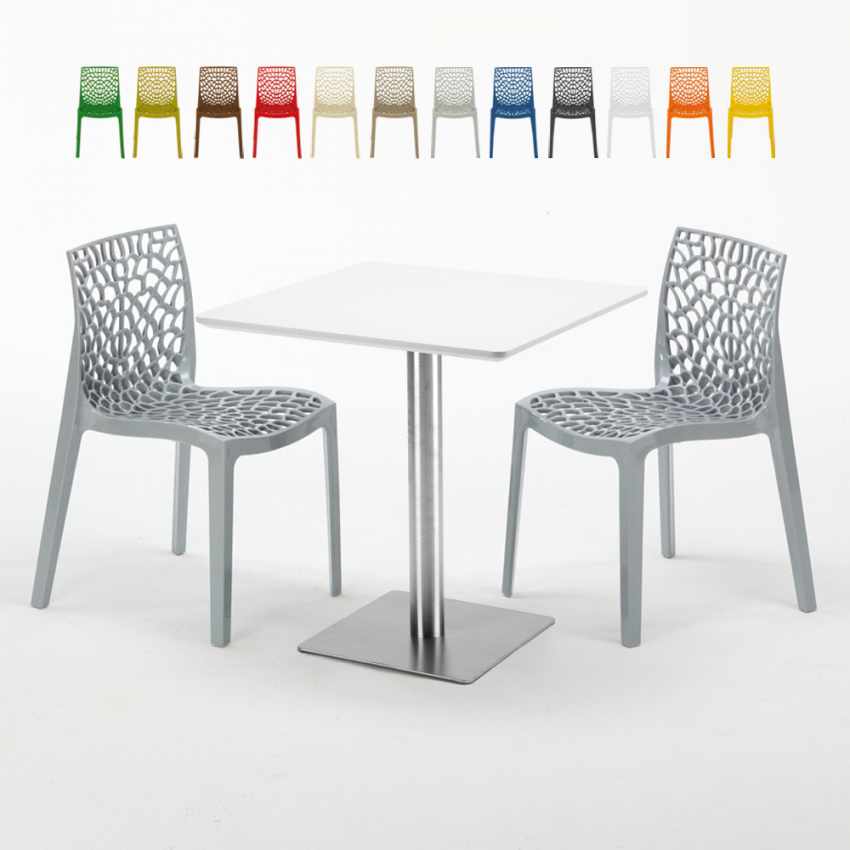 Table carrée blanche 70x70 avec pied en acier et 2 chaises colorées Gruvyer STRAWBERRY