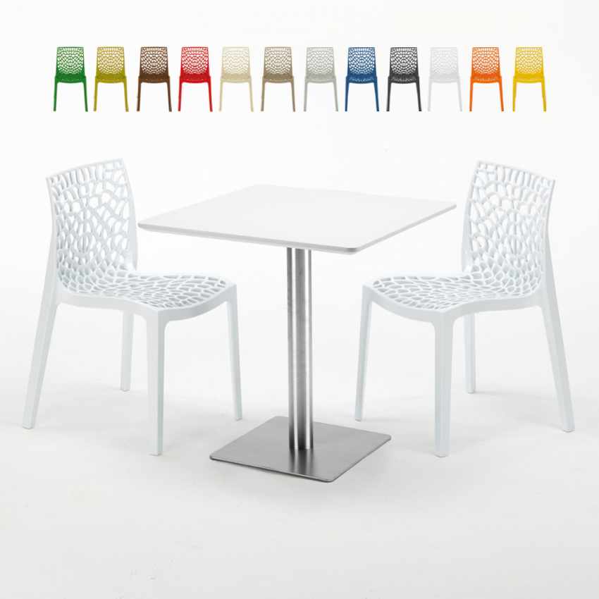 Table carrée blanche 70x70 avec pied en acier et 2 chaises colorées Gruvyer STRAWBERRY Offre