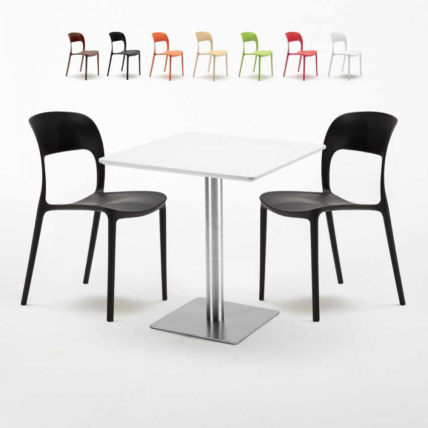 Table carrée blanche 70x70 avec pied en acier et 2 chaises colorées Restaurant Strawberry