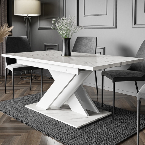 Table blanche effet marbre extensible 140-180cm design moderne Bronx Promotion