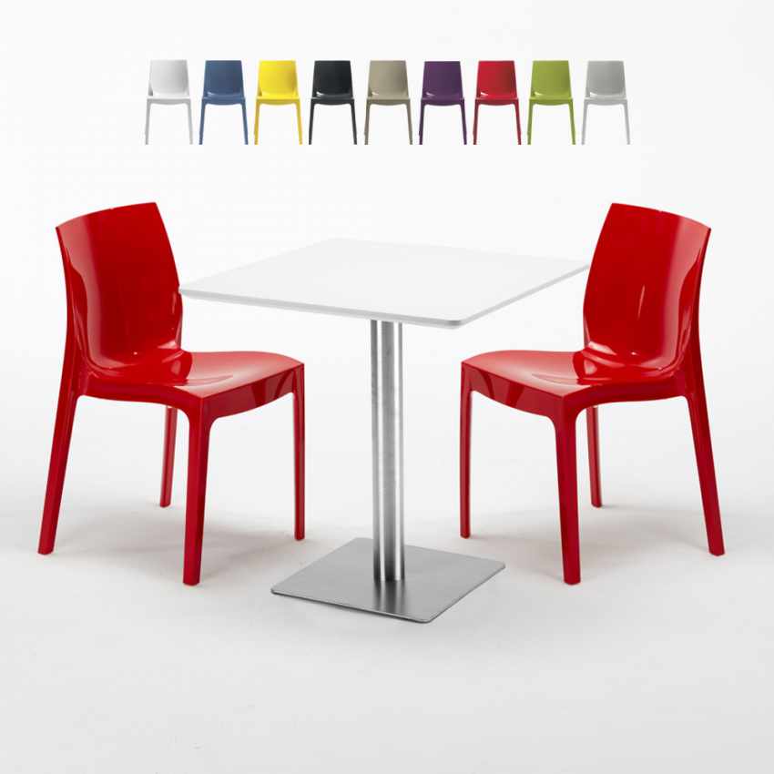 Table carrée blanche 70x70 avec pied en acier et 2 chaises colorées Ice Strawberry Réductions Table carrée blanche 70x70 avec pied en acier et 2 chaises colorées Ice Strawberry Réductions