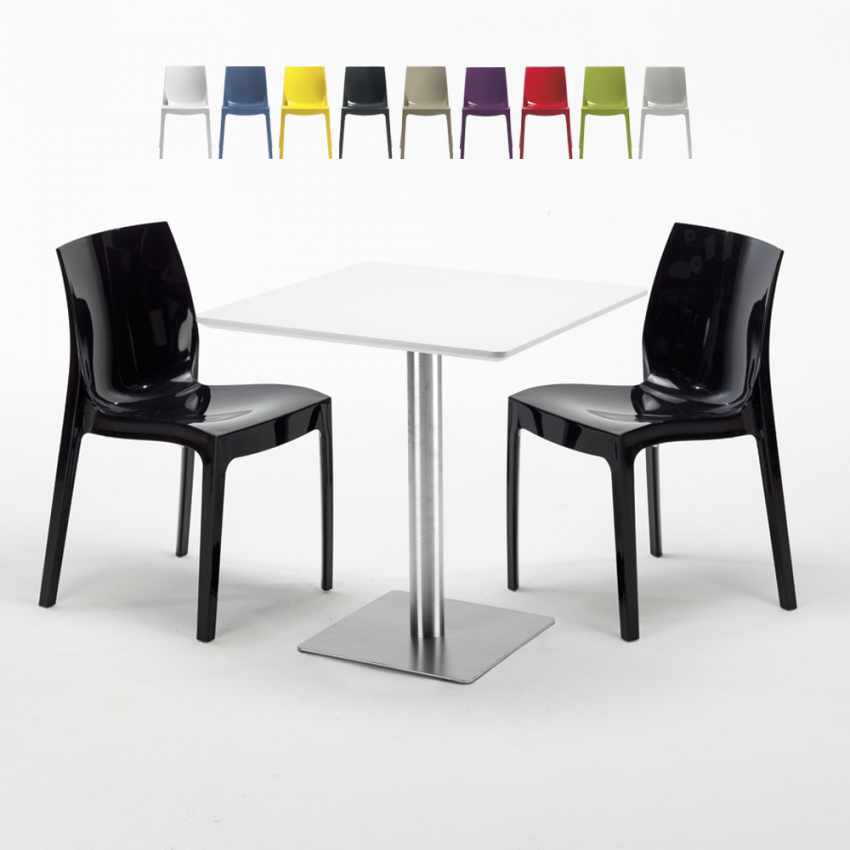Table carrée blanche 70x70 avec pied en acier et 2 chaises colorées Ice Strawberry