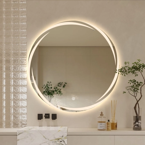 Miroir rond 70cm de salle de bain rétroéclairé avec antibuée Veski XL Promotion