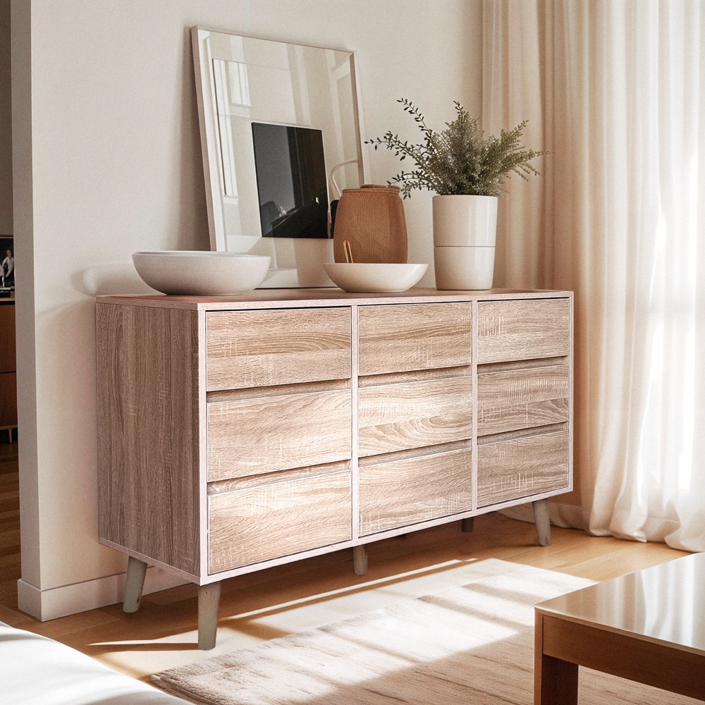 Commode en bois salon chambre 9 tiroirs 120x40x72cm Vudan
