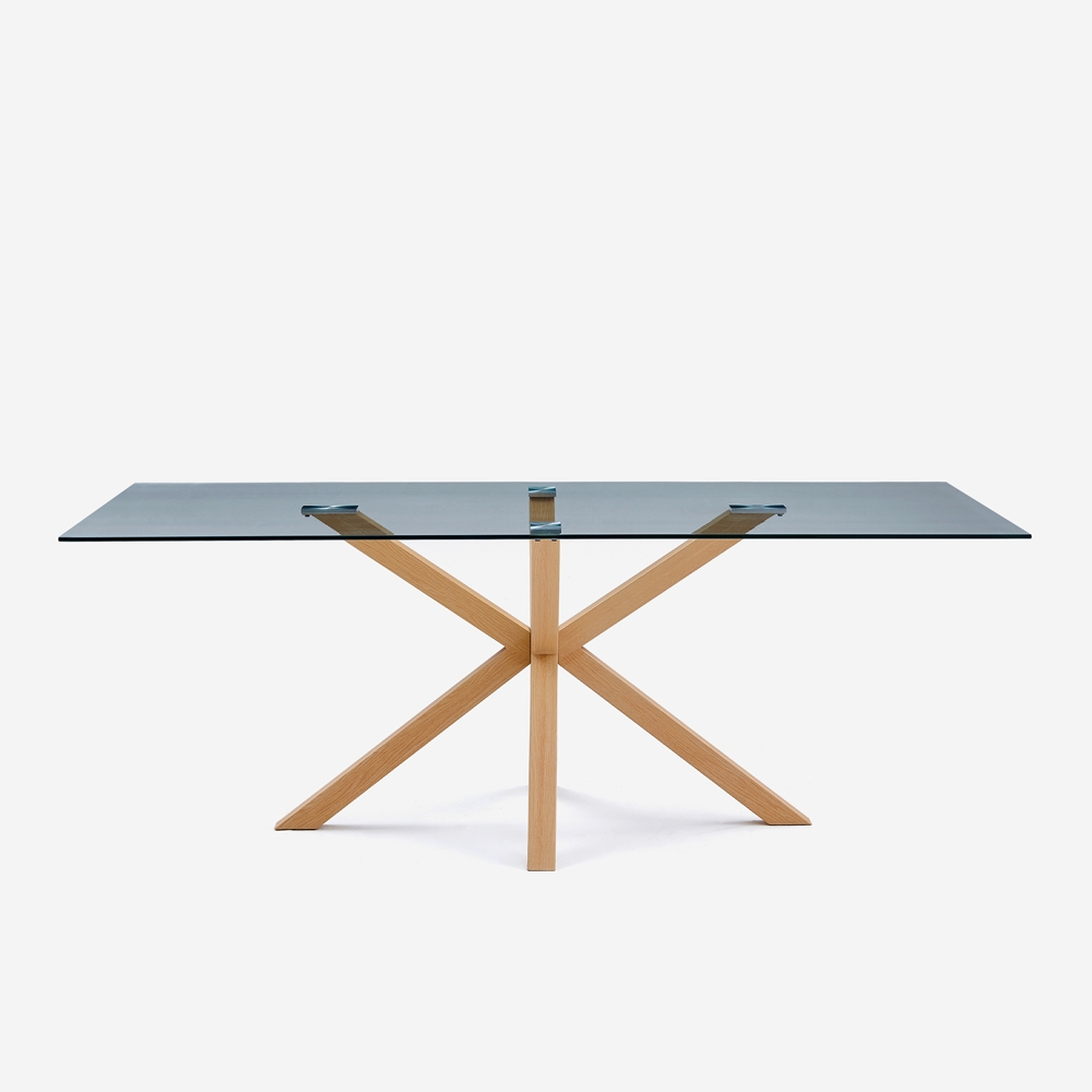 Table de design en verre et bois 200x100cm avec pieds croisés Horo Promotion Table de design en verre et bois 200x100cm avec pieds croisés Horo Promotion