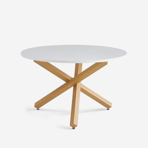 Table à manger ronde blanche 120cm avec pieds croisés Rimu Promotion