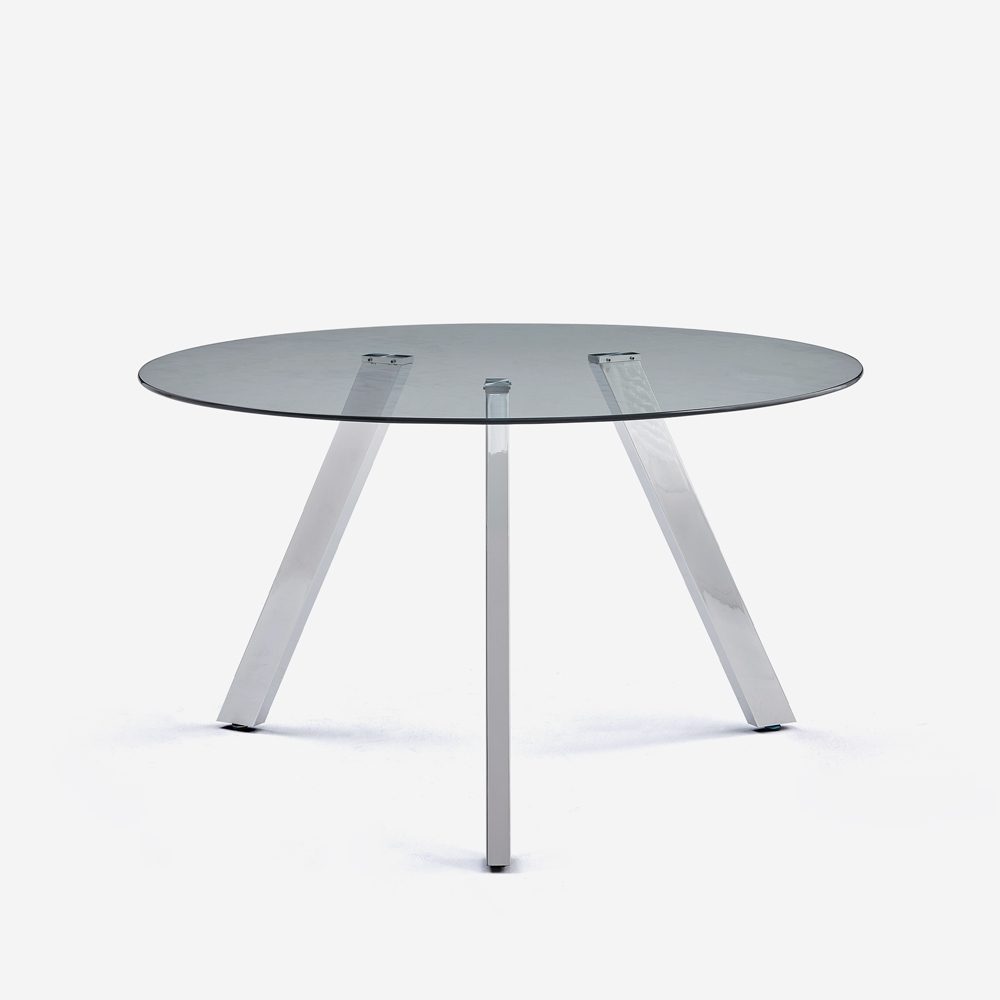 Table design moderne en verre ronde 130cm avec pieds en métal Orun Promotion Table design moderne en verre ronde 130cm avec pieds en métal Orun Promotion