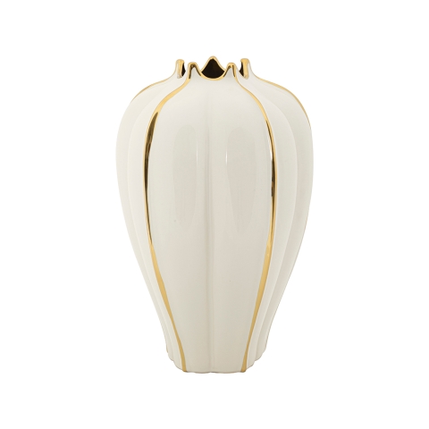 Vase à fleurs en céramique blanche avec détails dorés Potter Promotion
