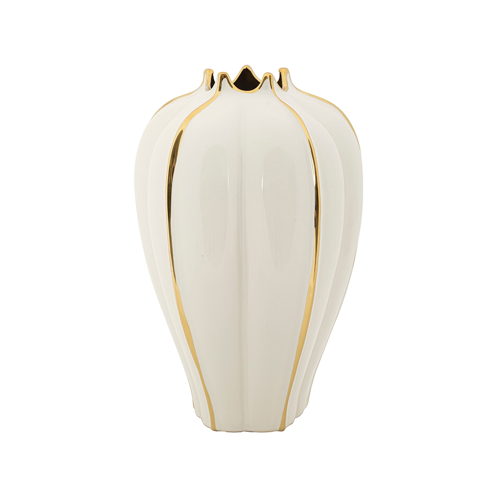 Vase à fleurs en céramique blanche avec détails dorés Potter Promotion Vase à fleurs en céramique blanche avec détails dorés Potter Promotion