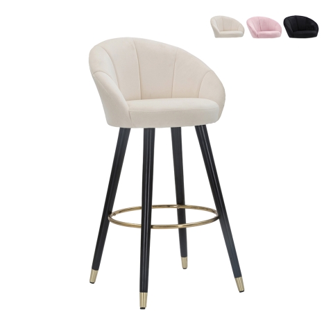 Tabouret de bar cuisine en velours avec pieds en bois noir et doré h80cm Prague Promotion