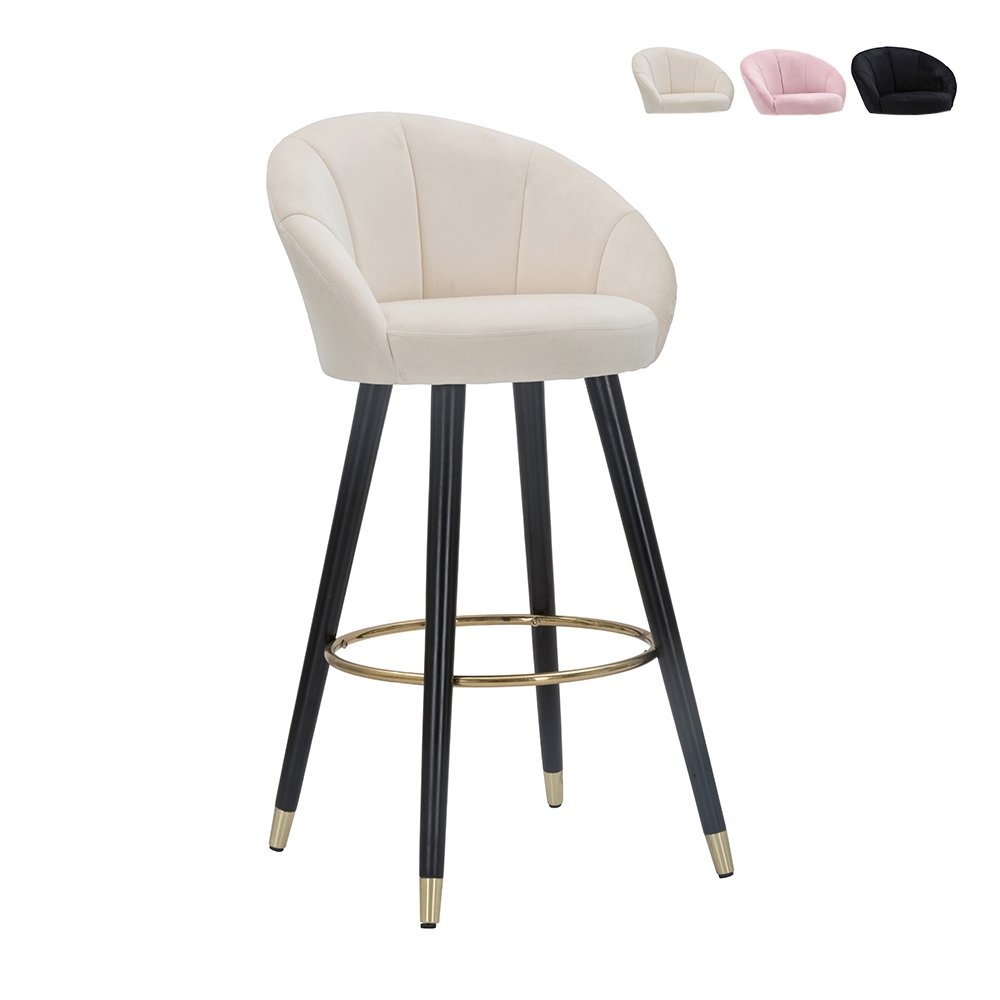 Tabouret de bar cuisine en velours avec pieds en bois noir et doré h80cm Prague