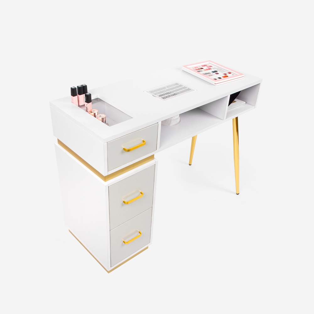 Skait Table De Manucure Blanche Avec Aspirateur Tiroirs Et Pieds Dor S