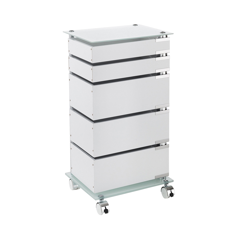 Commode de bureau à roulettes 5 tiroirs et étagère en verre Easy 5/C Promotion Commode de bureau à roulettes 5 tiroirs et étagère en verre Easy 5/C Promotion